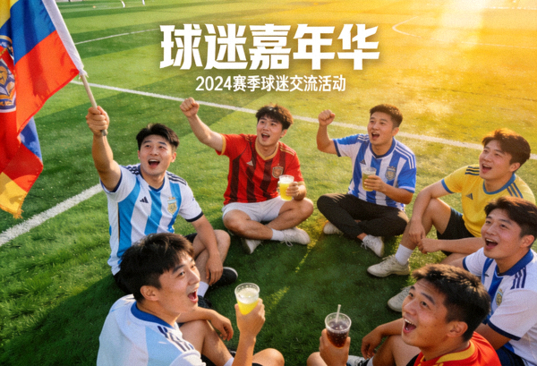 激情四溢的足球场草坪与足球迷热烈讨论的球迷内容活动场景